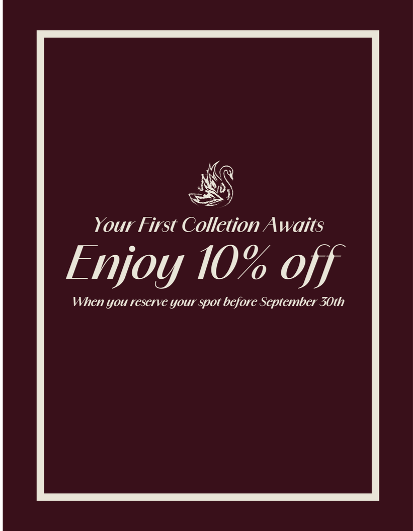 An advertisement with a dark maroon background, featuring a swan logo and promotional text offering 10% off on first collection reservations before September 30th.