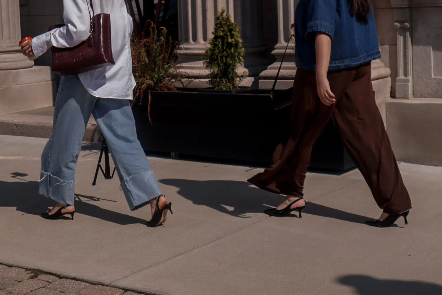 Two women walking on the sidewalk carrying potted plants and a large planter box, both wearing high heels.