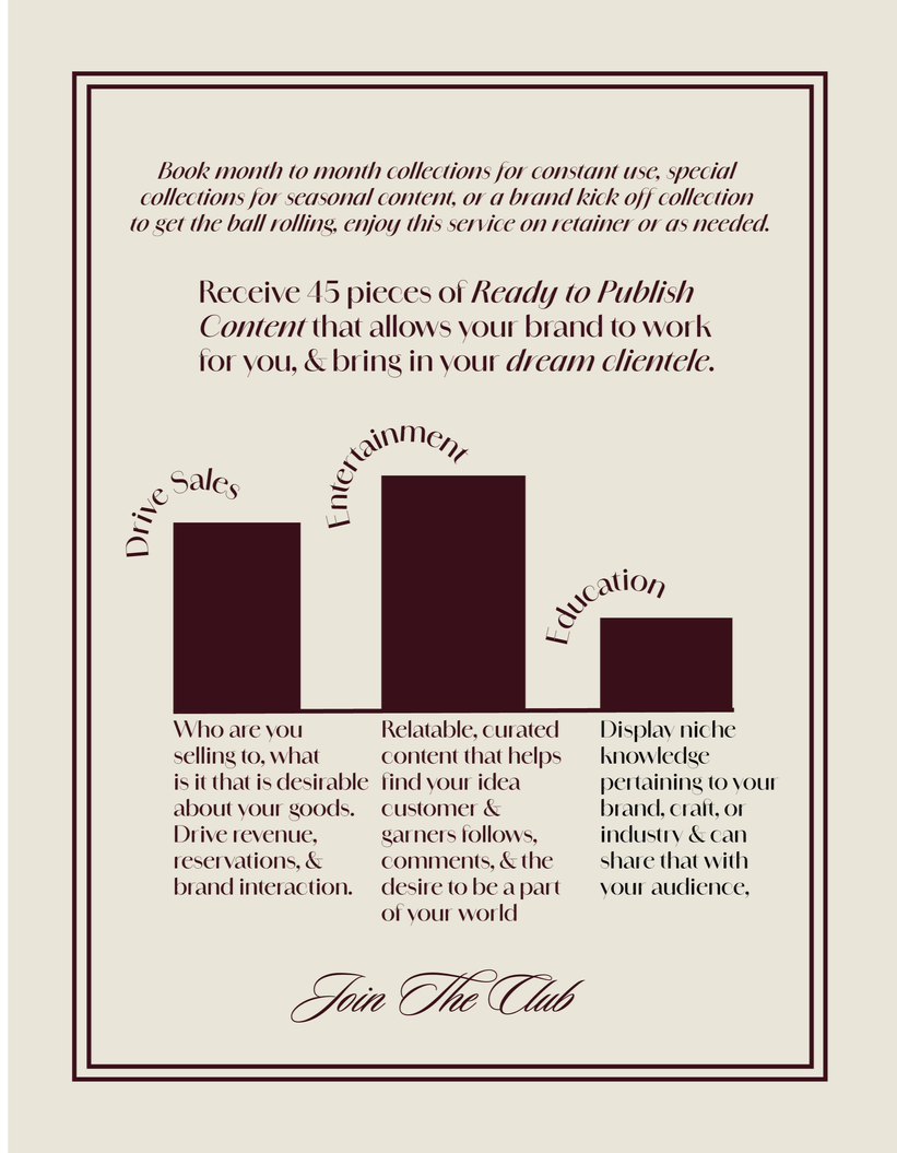 A marketing flyer offering a service to create 45 pieces of ready-to-publish content for brand promotion, with bar graphs highlighting focus areas on drive sales, entertainment, and education, and a call to join the club.