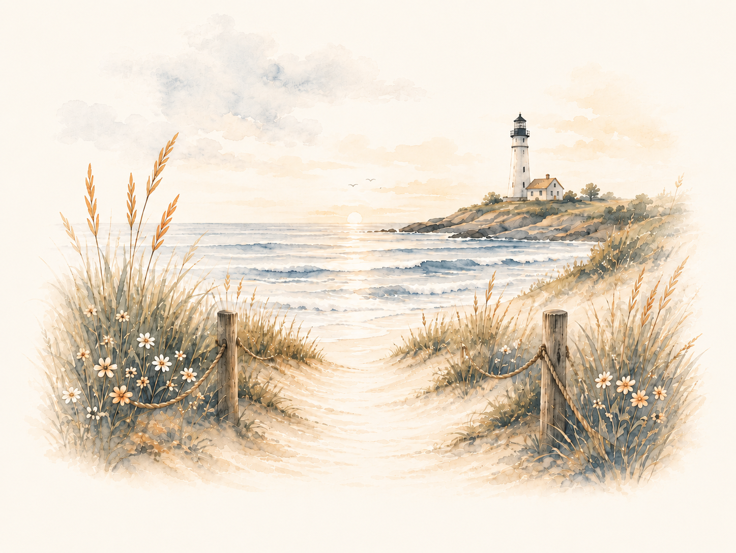 A watercolor painting of a beach scene at sunset with a lighthouse on a rocky hill, a sandy path with wooden posts and rope, tall grass, and flowers in the foreground.