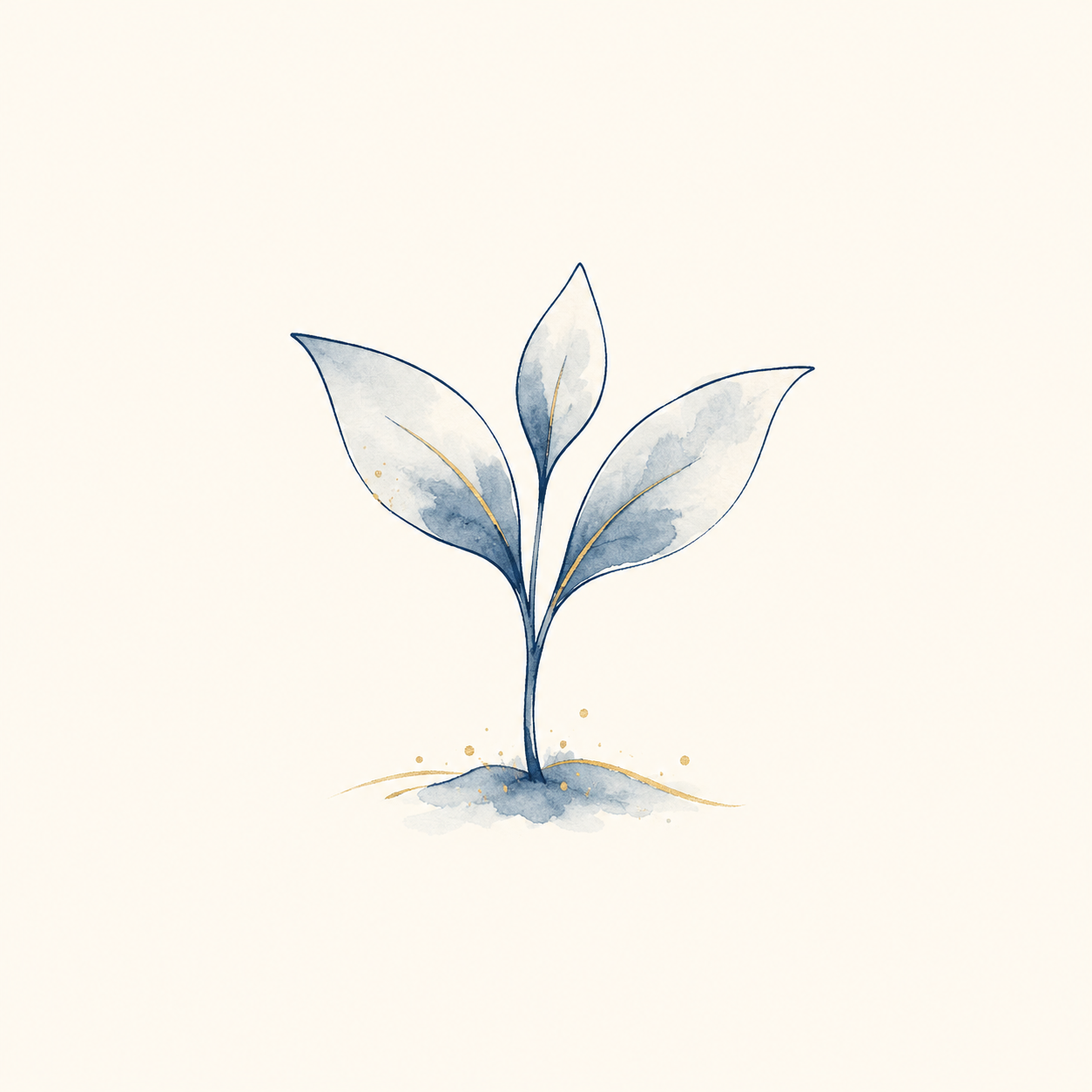 Watercolor illustration of a young plant with three large leaves in shades of blue and gray, emerging from a small patch of earth with gold accents.