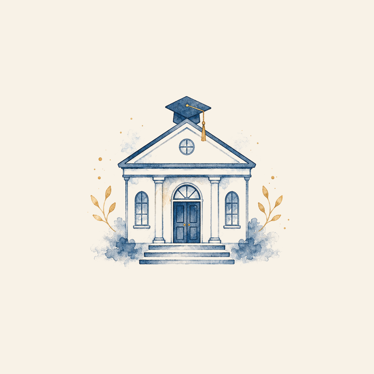 Illustration of a school building with a graduation cap on top, surrounded by plants and clouds.