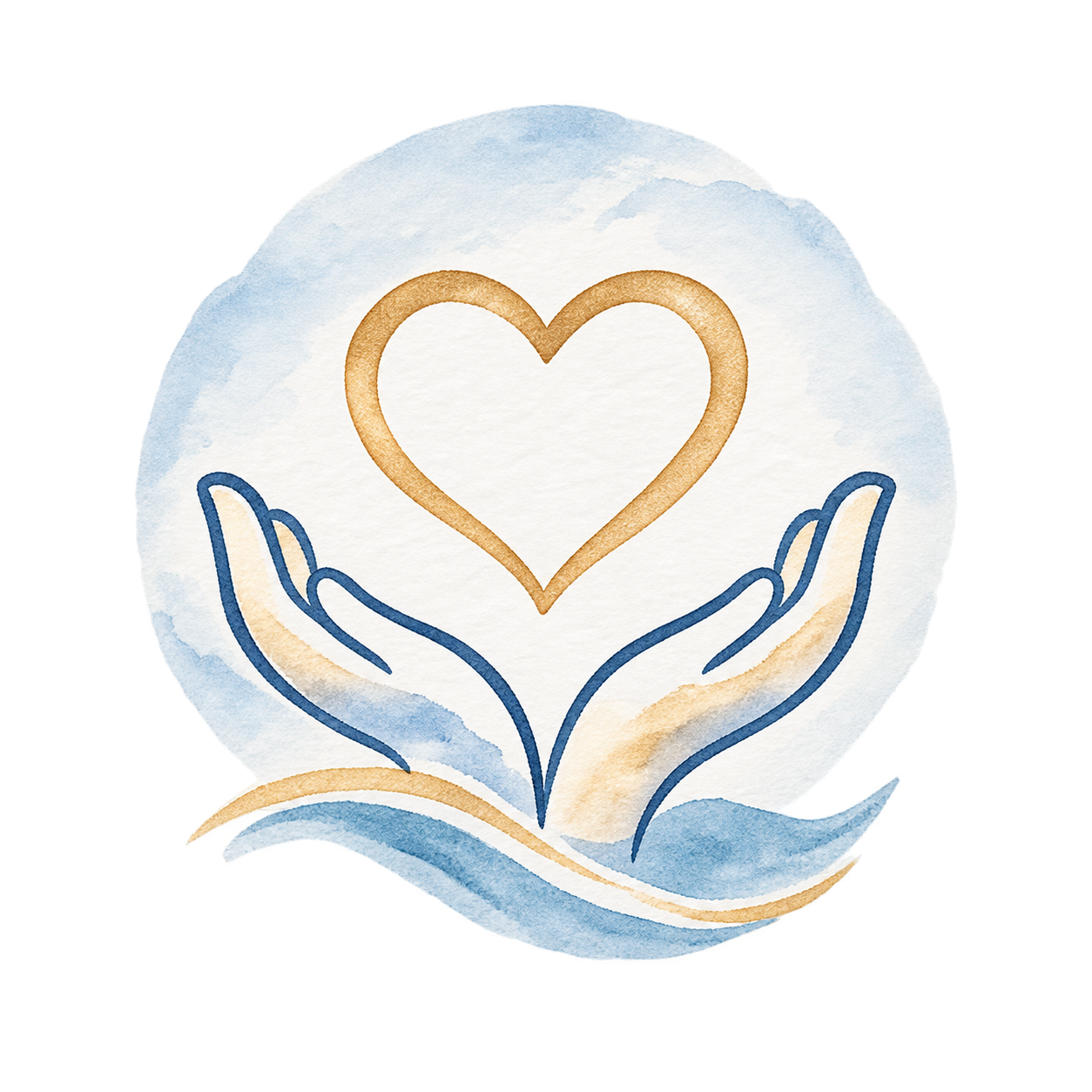 Watercolor illustration of two hands cupping a heart, with soft blue and beige tones, on a white background.