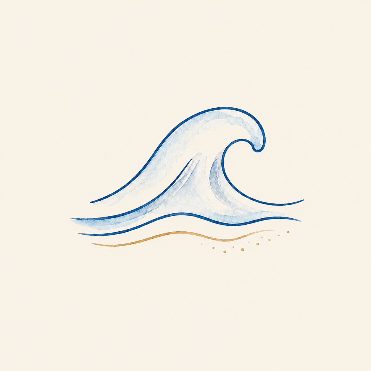 Watercolor illustration of a large ocean wave with smaller waves and a sandy beach in the foreground.