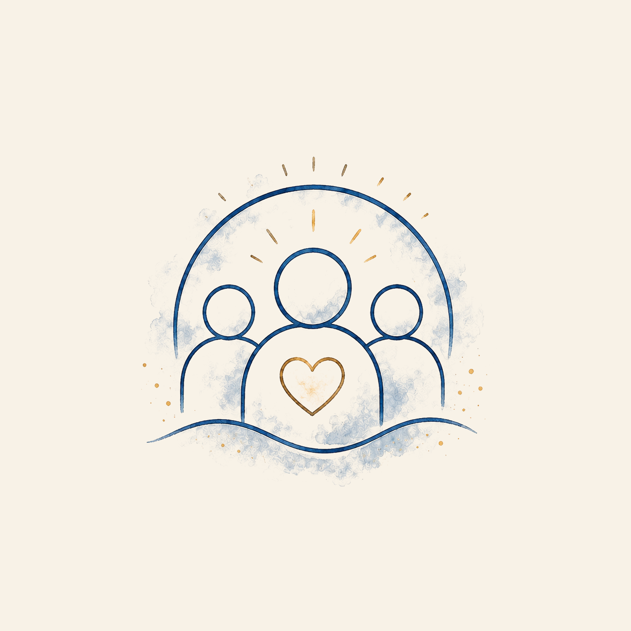 Line art of three people with a heart on one person's chest, surrounded by a rainbow with radiating lines, on a light background.