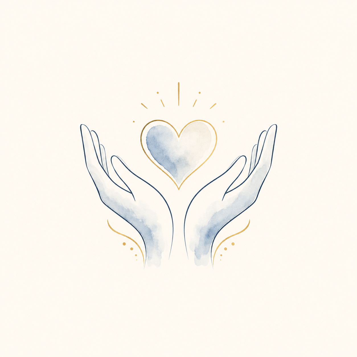 Watercolor illustration of two open hands cradling a heart, with radiant lines above the heart.