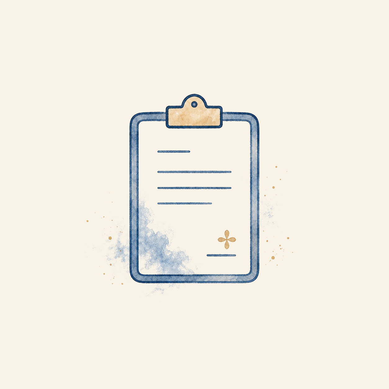 Watercolor illustration of a clipboard with a blank sheet of paper, blue outline, and a small floral symbol at the bottom.