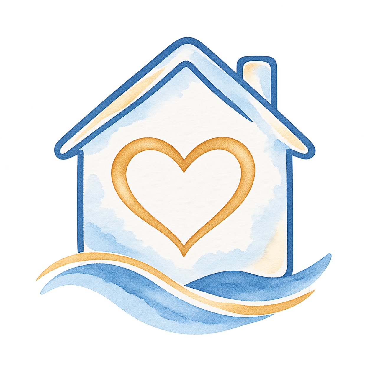 Watercolor illustration of a house with a heart in the center, surrounded by waves.