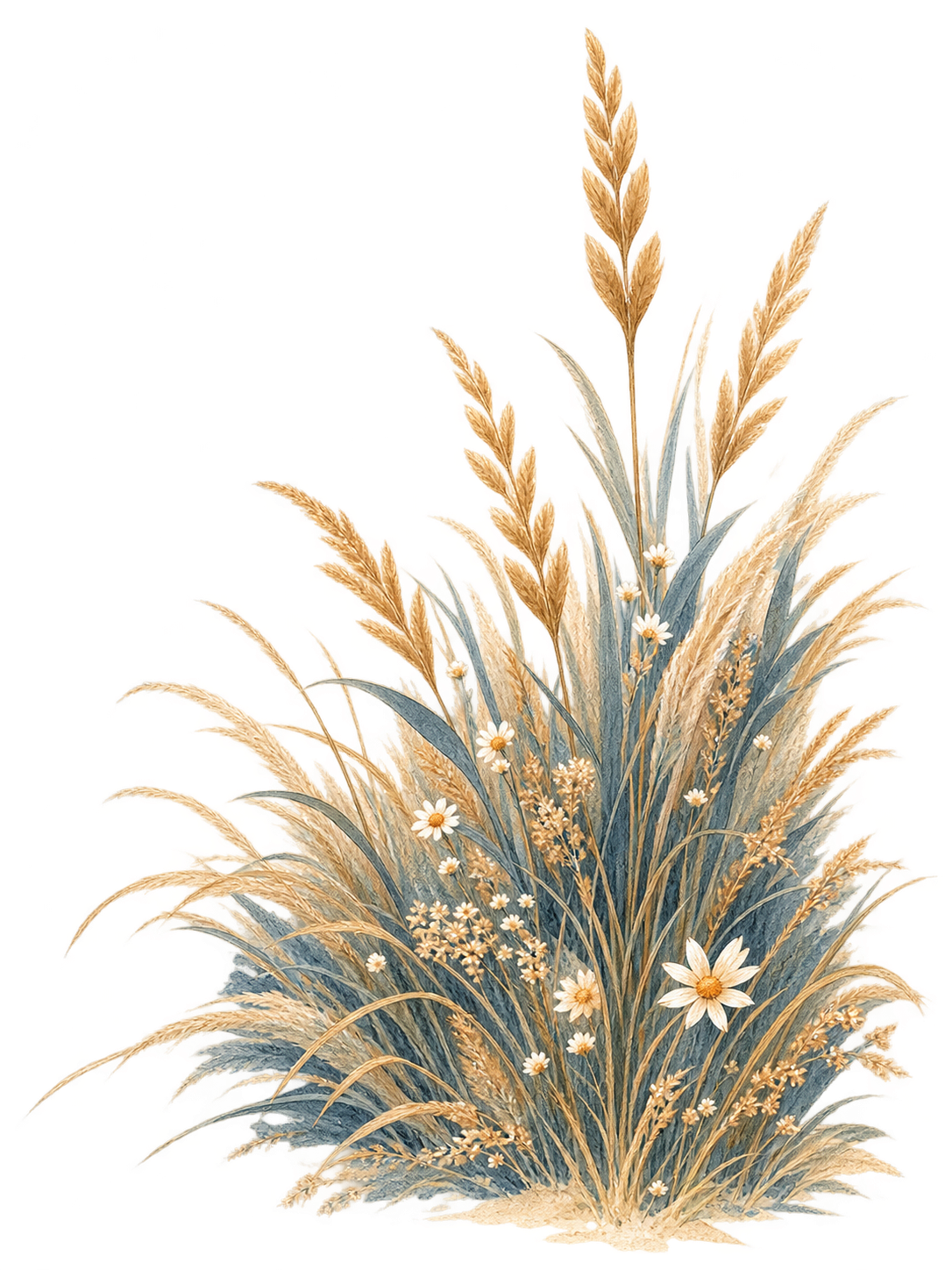 Illustration of tall beige and green grasses with small white flowers, set against a plain background.
