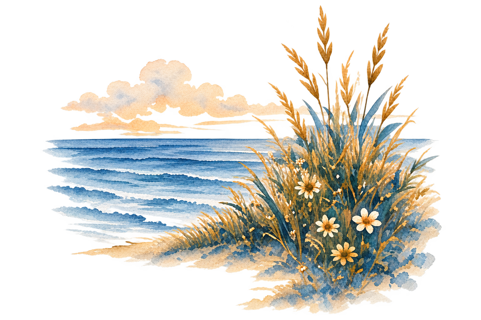 Watercolor painting of a beach scene with waves, a partly cloudy sunset sky, and grass and flowers in the foreground.