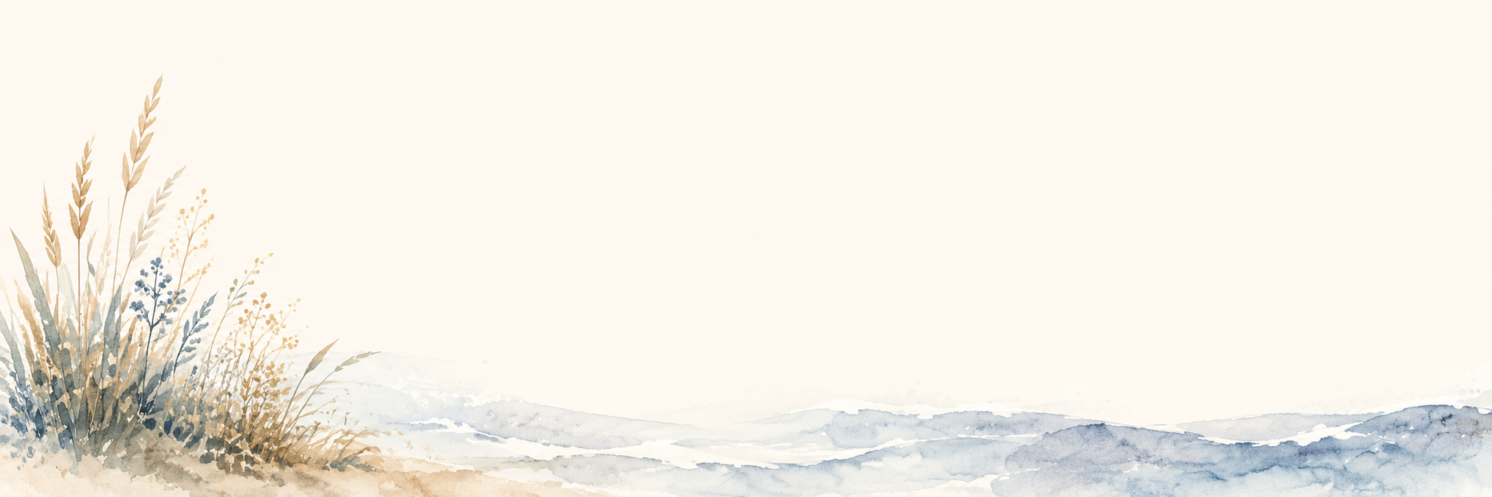 A watercolor painting of a landscape with waves and grass on the left side, in soft pastel tones.