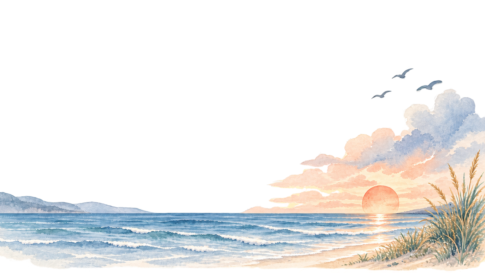 Watercolor painting of a beach at sunset with the sun near the horizon, ocean waves, clouds in the sky, and seagulls flying overhead, with beach grass in the foreground.