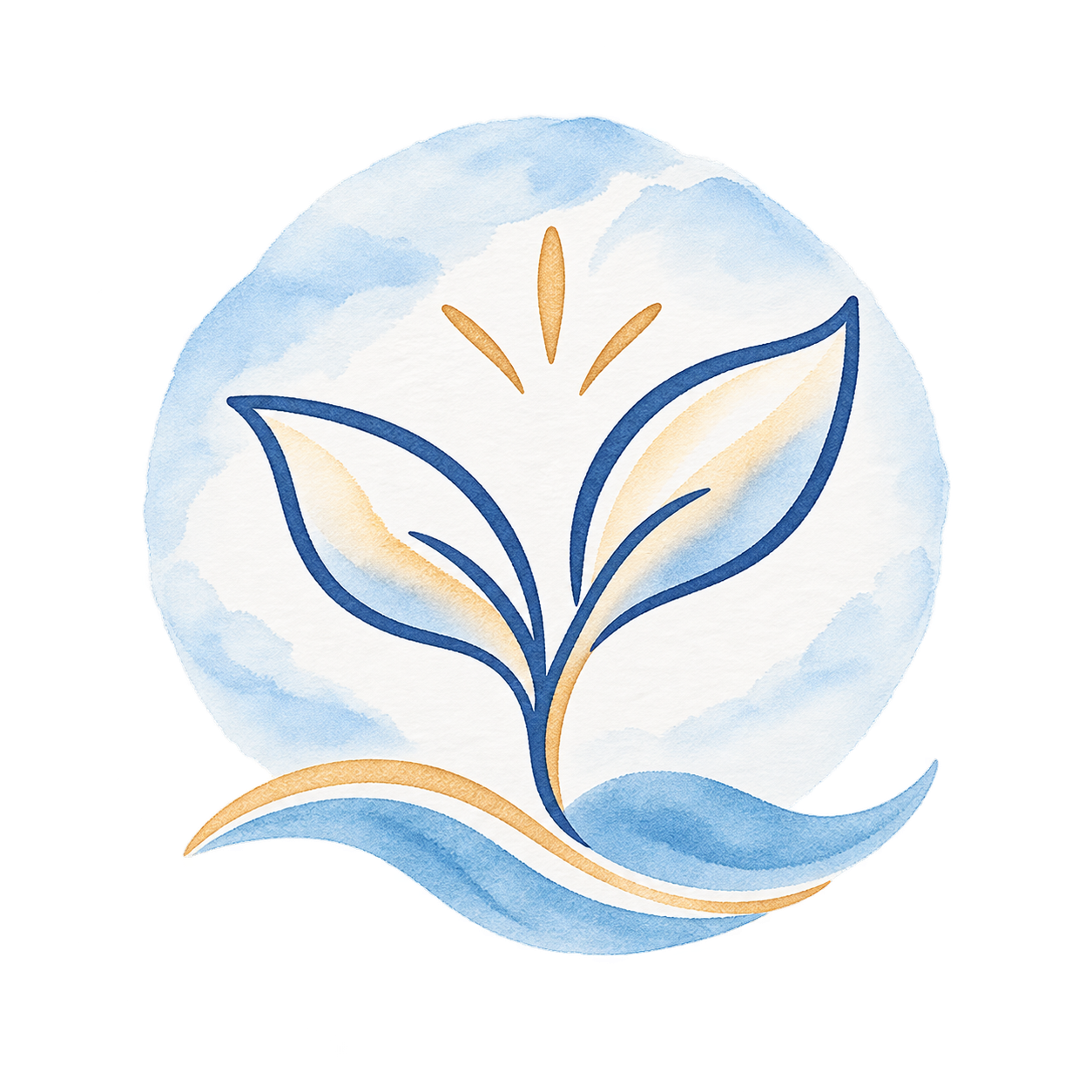 Watercolor illustration of a sprouting plant with two leaves, rising from a curved landform, with a blue and white watercolor background.