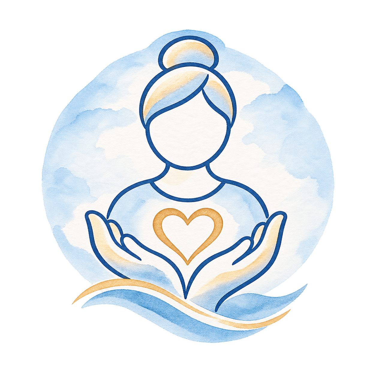 Watercolor illustration of a woman holding a heart, with hands forming a protective shape around it, and a background of soft blue clouds.