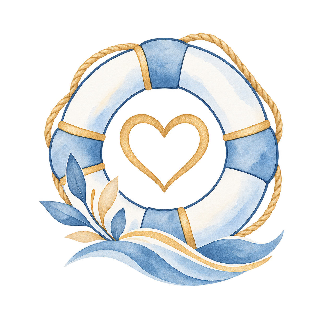 Watercolor illustration of a life preserver with blue, white, and tan colors, surrounding a heart shape with a yellow outline and interior, and blue leaves at the bottom.