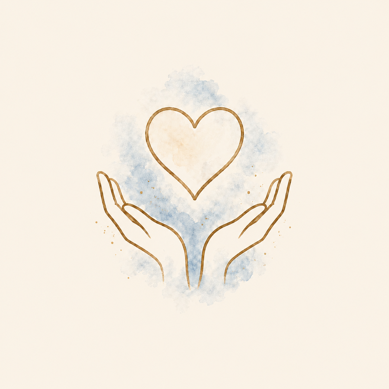 Line drawing of two hands gently holding a heart, with a watercolor background in blue and beige tones.