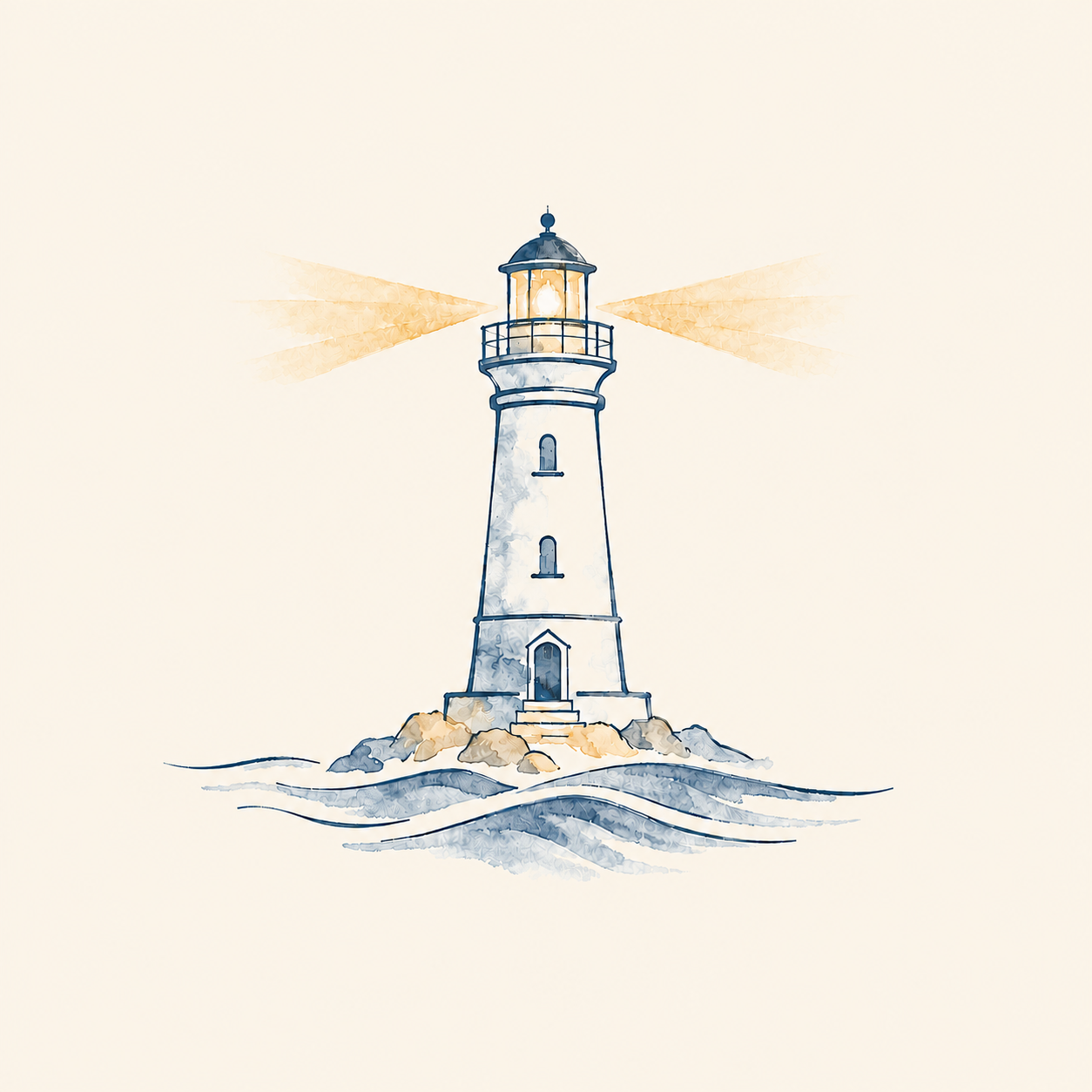 Illustration of a lighthouse on rocks with water and beams of light shining outward.