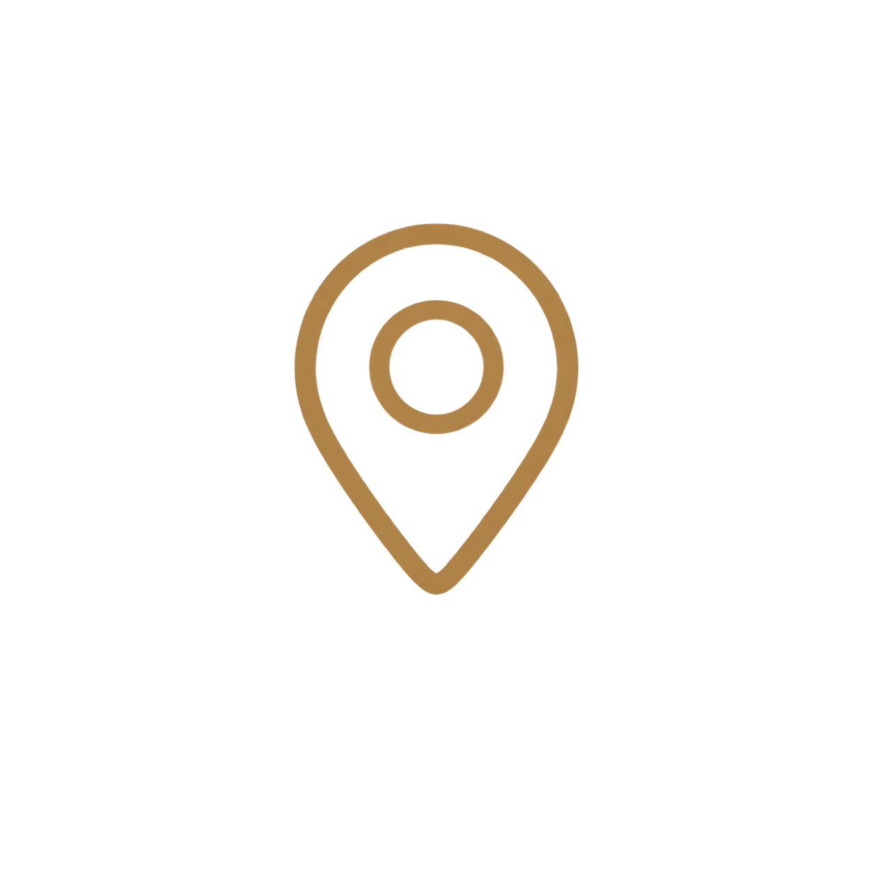 A gold map location icon with a circular target in the center, set against a black background.