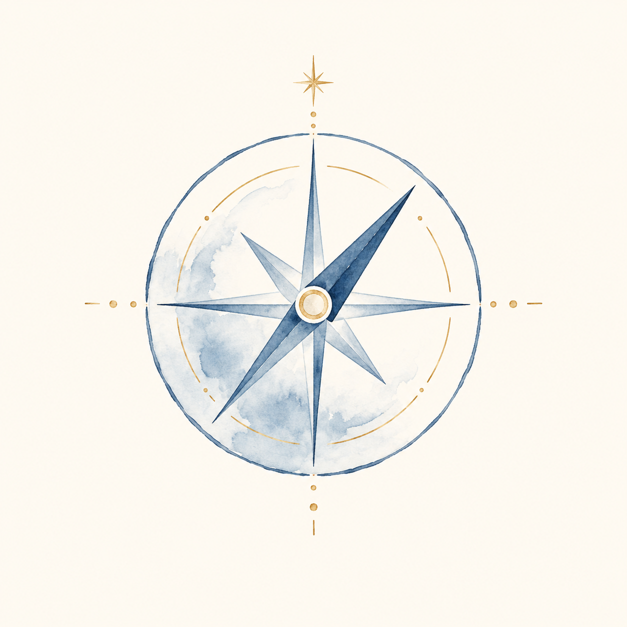 Watercolor illustration of a compass rose with blue and gold accents, featuring a star at the top and a cloudy sky background.