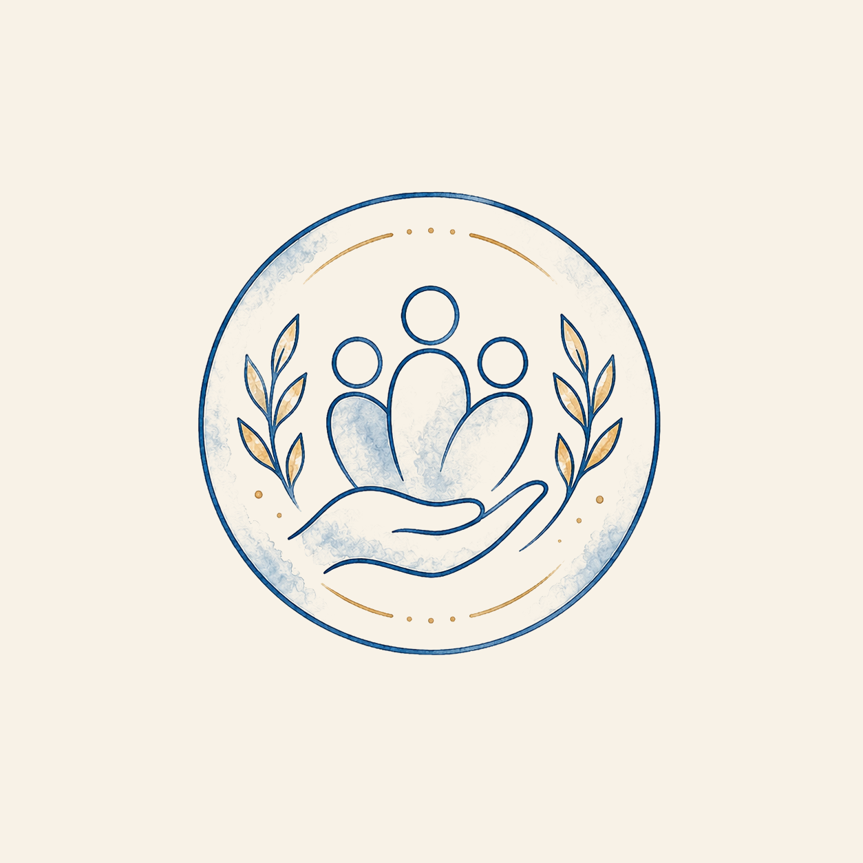 A circular emblem featuring a hand holding a lotus flower with three figures inside the flower, flanked by two laurel branches, in a watercolor style with blue and beige tones.