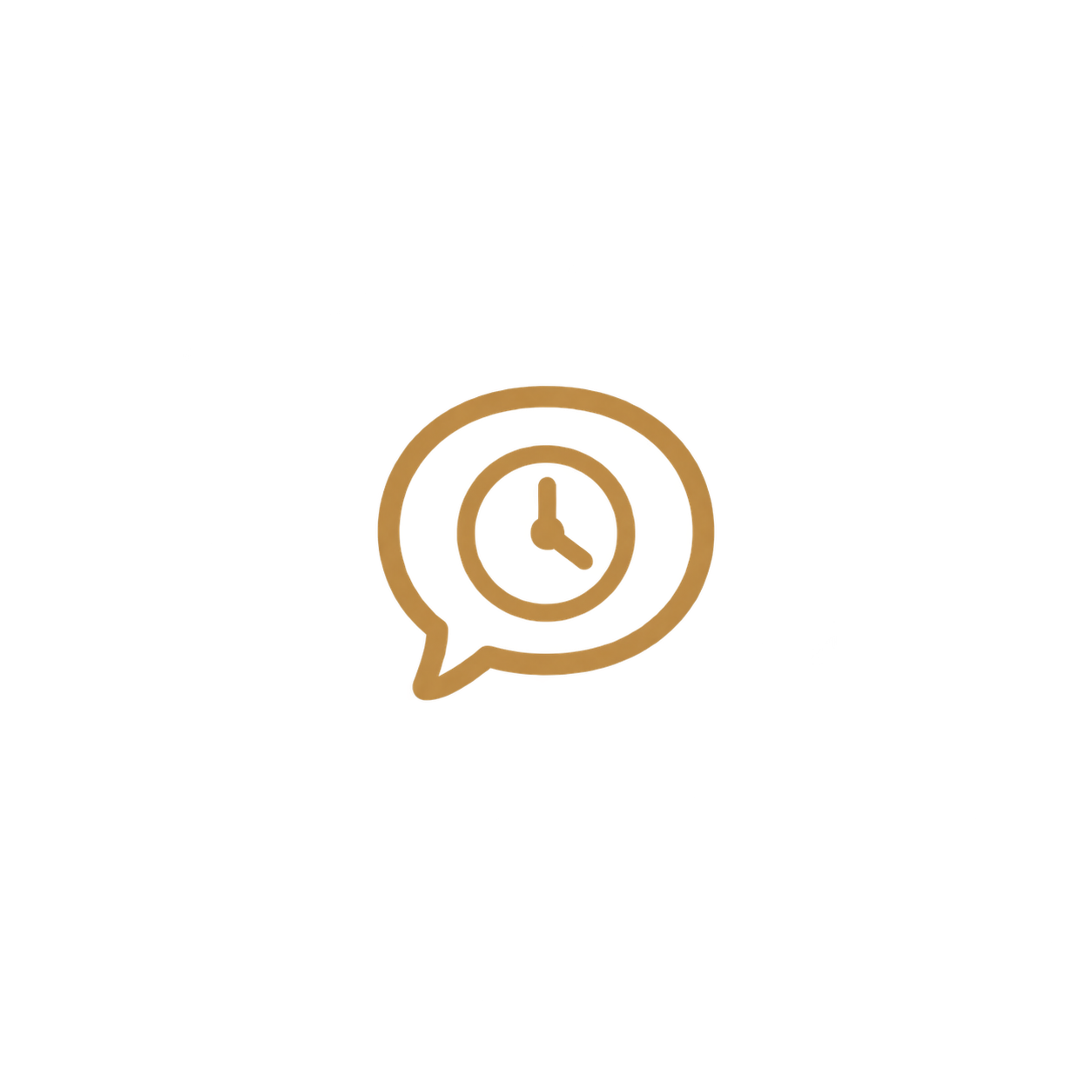 A black background with a gold outline of a speech bubble containing an analog clock with gold hands, indicating time.