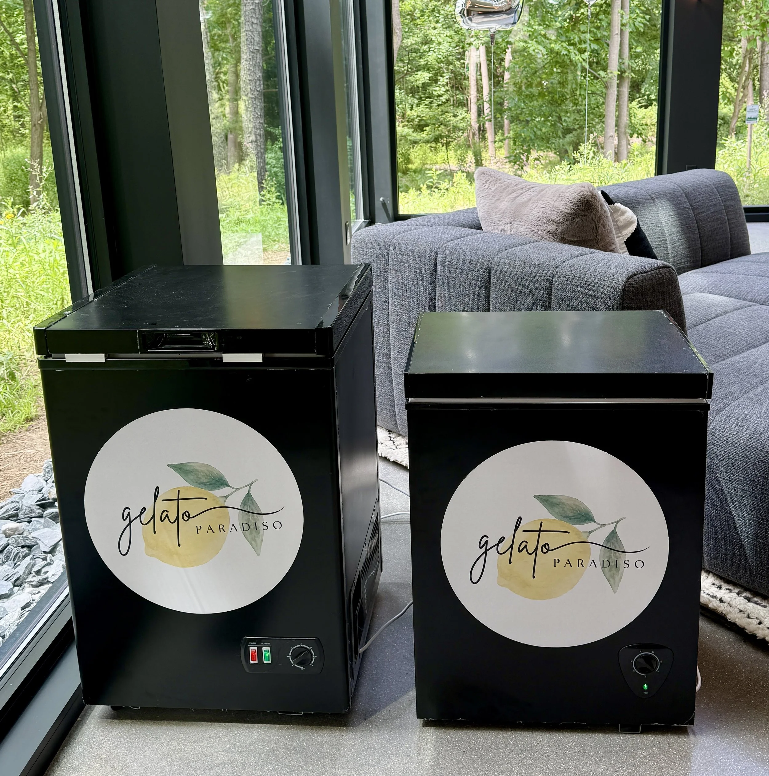 Two black catering freezers with the logo 'gelato PARADISO' on the front, situated near large glass windows with a view of green trees outside.