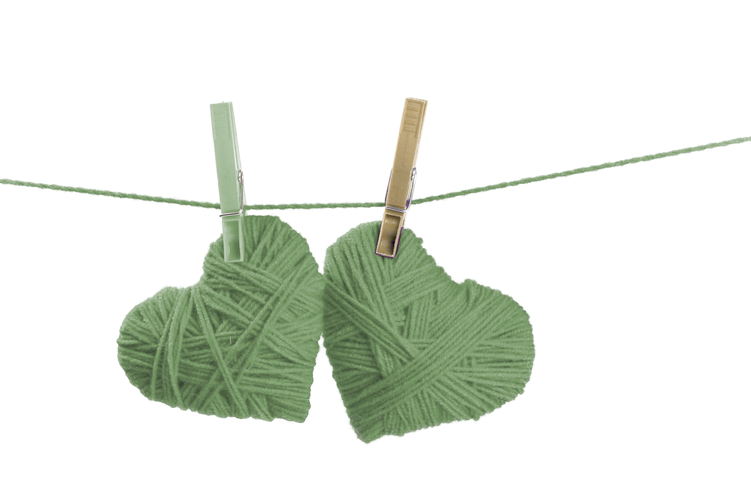Two sage green yarn hearts pinned to a string