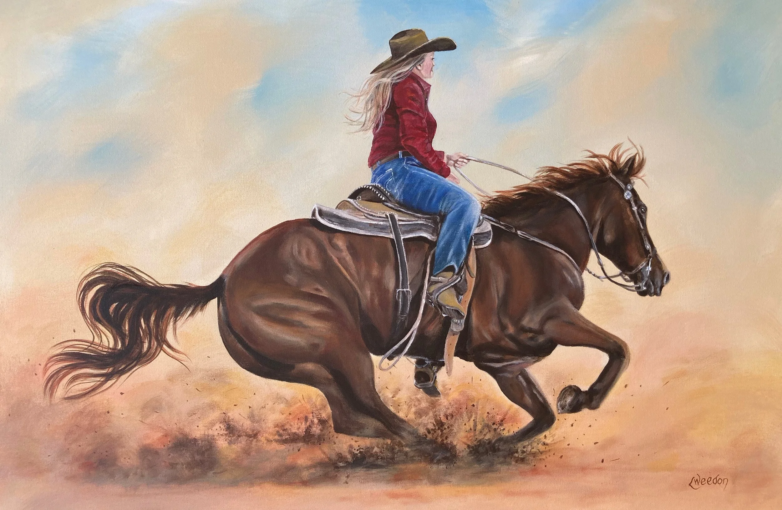 Painting of a woman riding a galloping brown horse through a desert landscape with a cloudy sky, wearing a cowboy hat, a red jacket, and blue jeans.