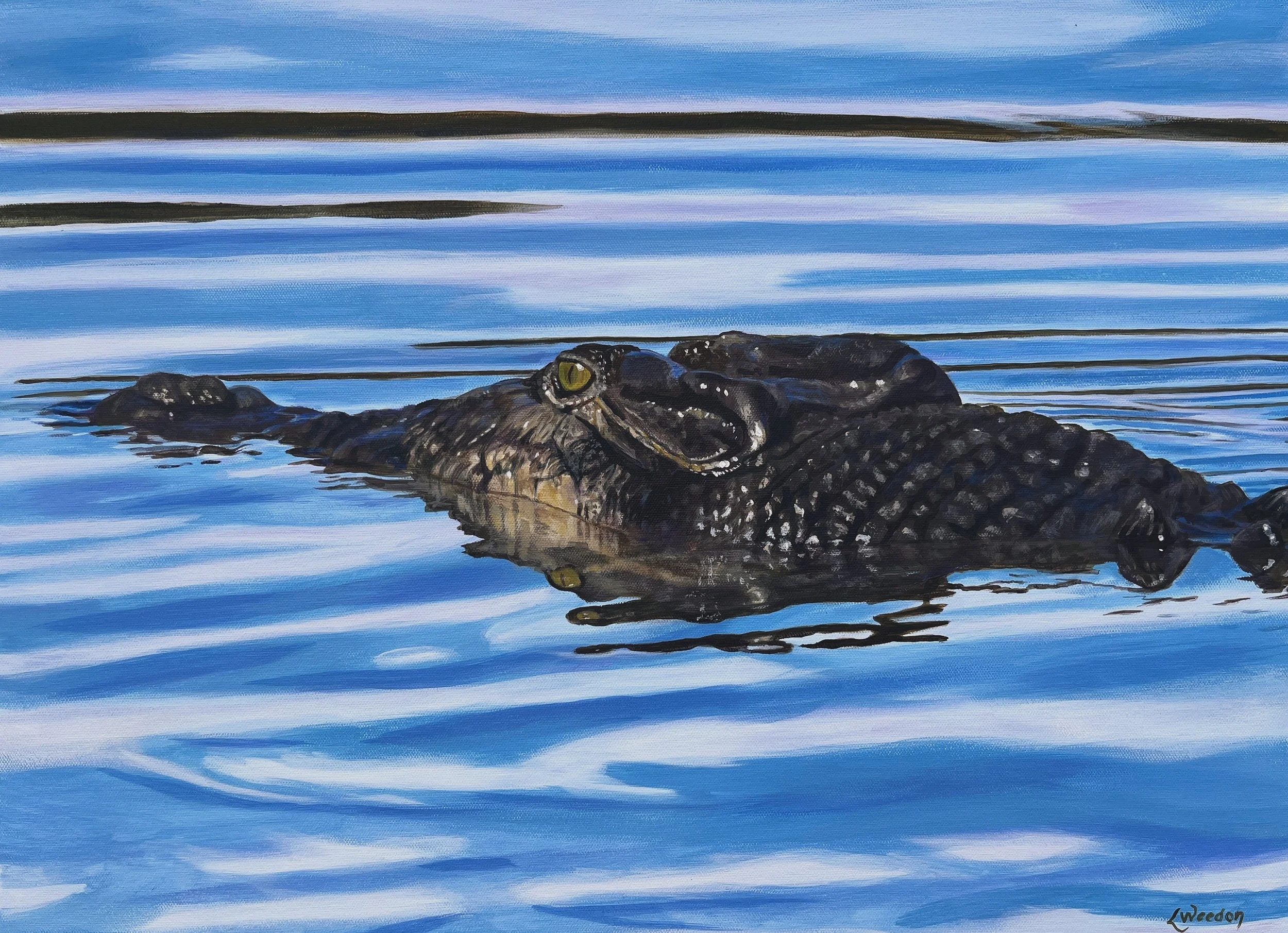 Painting of a crocodile partially submerged in water, with water reflecting blue sky and clouds.