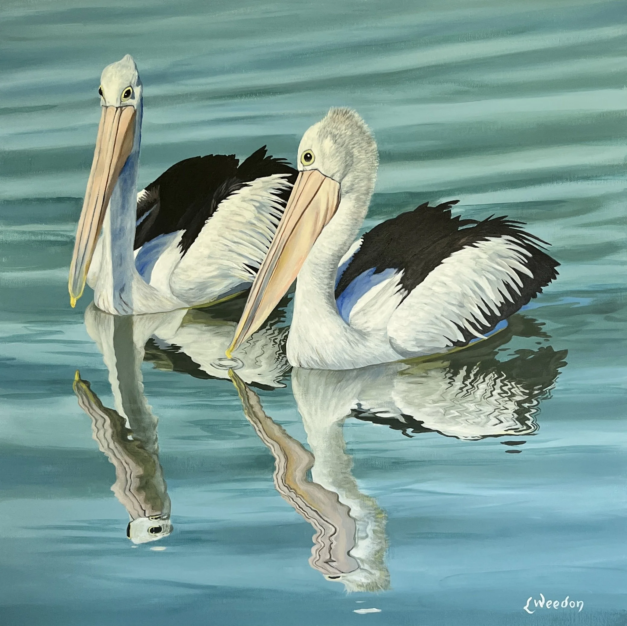 Painting of three Pelicans on water