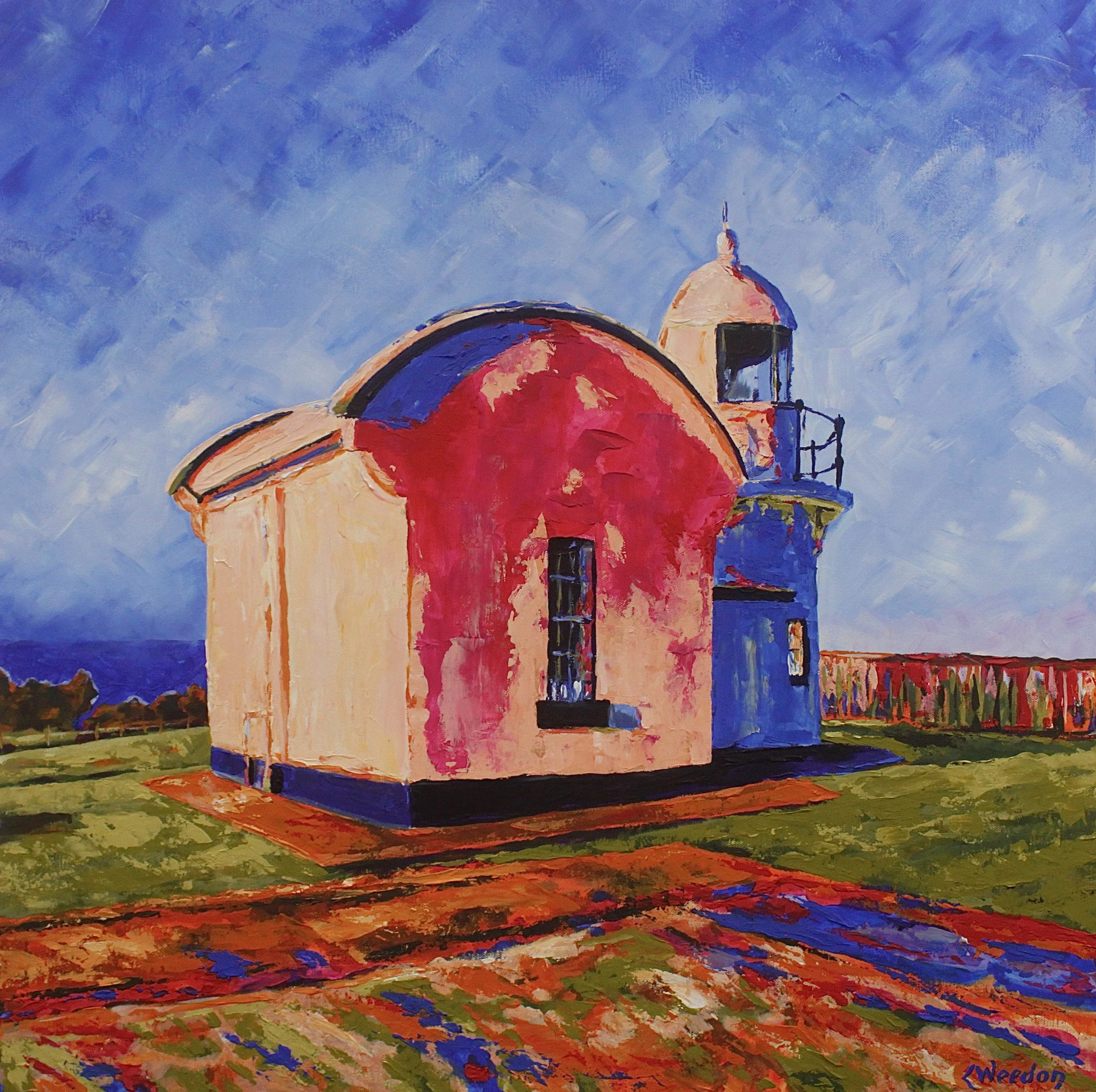 A painting of a lighthouse with a red roof, white walls, and a small balcony, set against a bright blue sky. The lighthouse is situated on a grassy landscape, with colorful flowers and foliage visible at the bottom of the image. Crowdy Head