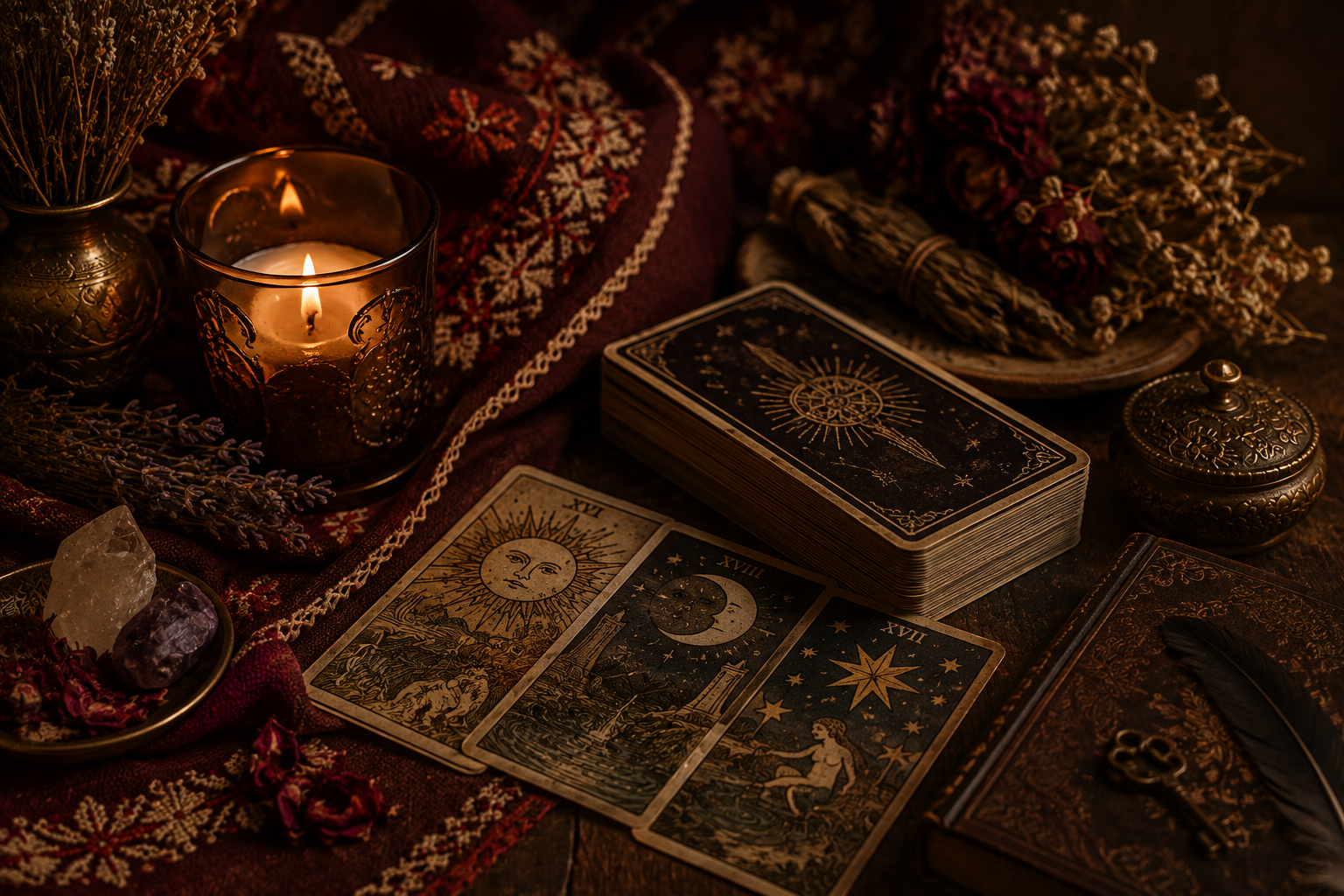 Tarot cards on a dark table with candles, dried flowers, crystals, and an antique journal, illuminated by candlelight.