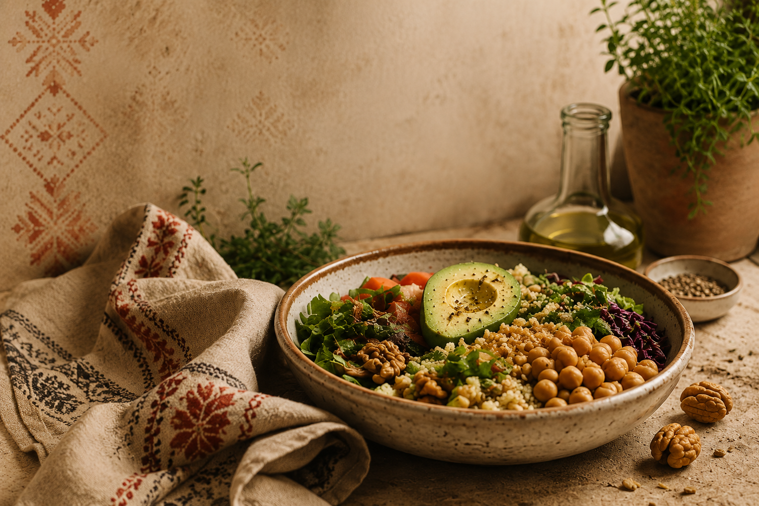 A bowl of salad with avocado, chickpeas, cherry tomatoes, greens, and grains on a rustic table, accompanied by a beige cloth with red patterns, a small bowl of peppercorns, a glass bottle of olive oil, and potted herbs in the background.