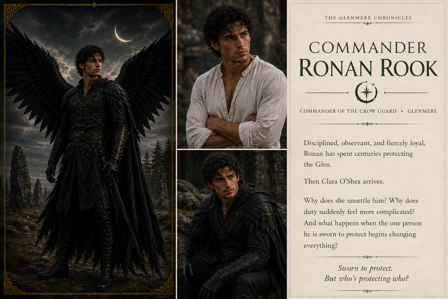 A character from The Glenmere Chronicles' named Commander Ronan Rook, dressed in black armor with large black wings, standing outdoors at dusk under a cloudy sky and crescent moon.