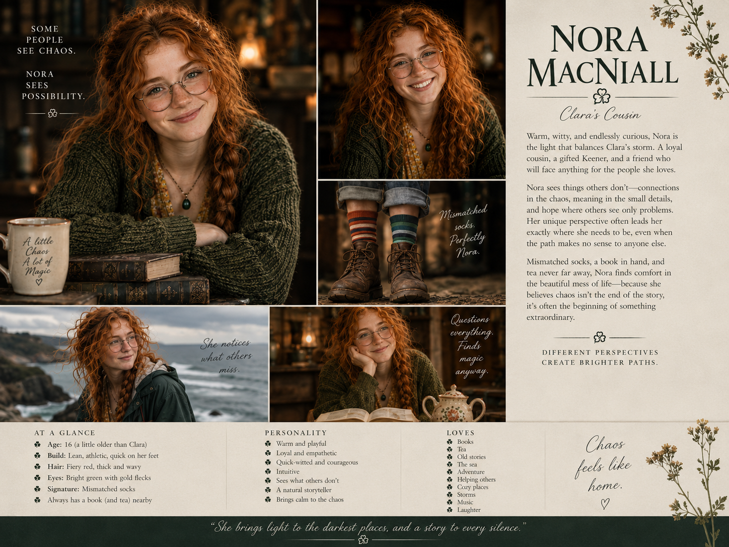 A character profile collage of Nora MacNall, a teenage girl with curly red hair, glasses, and a mischievous smile. The collage includes her photos in various settings, birth details, personality traits, interests, and a description emphasizing her free spirit and love for chaos and magic.