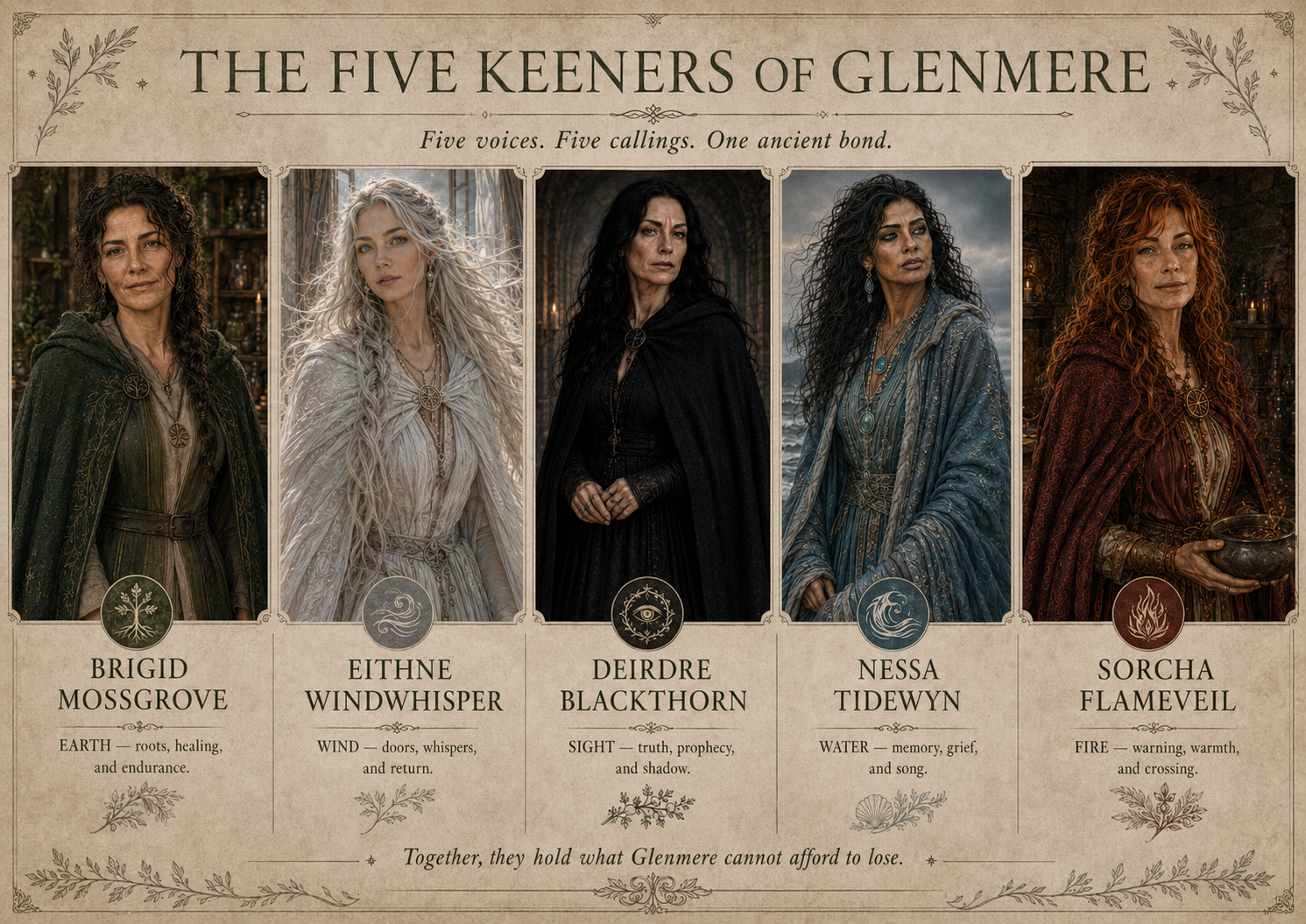 Five Keeners of Glenmere, each representing one of the five elements: Earth, Wind, Sight, Water, and Fire. The women are in medieval fantasy attire, each holding symbolic items, with descriptions of their qualities and elements below their images.
