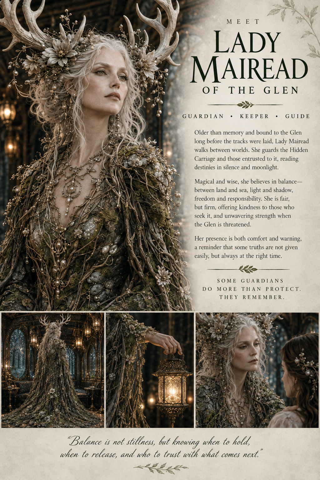 A fantasy-themed woman dressed as Lady Mairead of the Glen, wearing an elaborate costume made of branches, flowers, and jewelry, with antler headpiece, inside a richly decorated room with stained glass windows, holding a lantern, and speaking to a young girl with floral hair accessories.