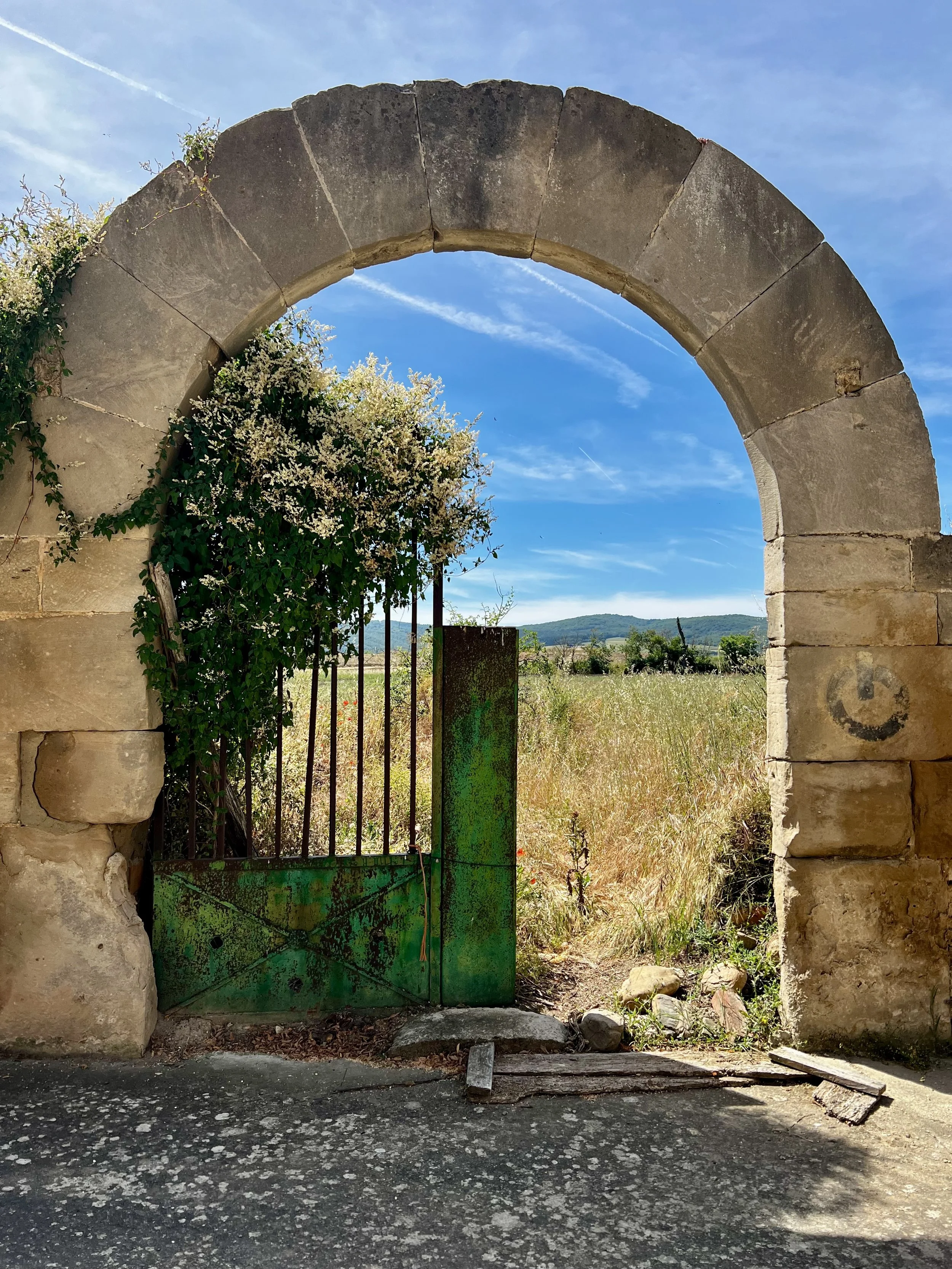 Rusty green metal gate set in an old stone archway leading to an open field with trees and hills in the background.