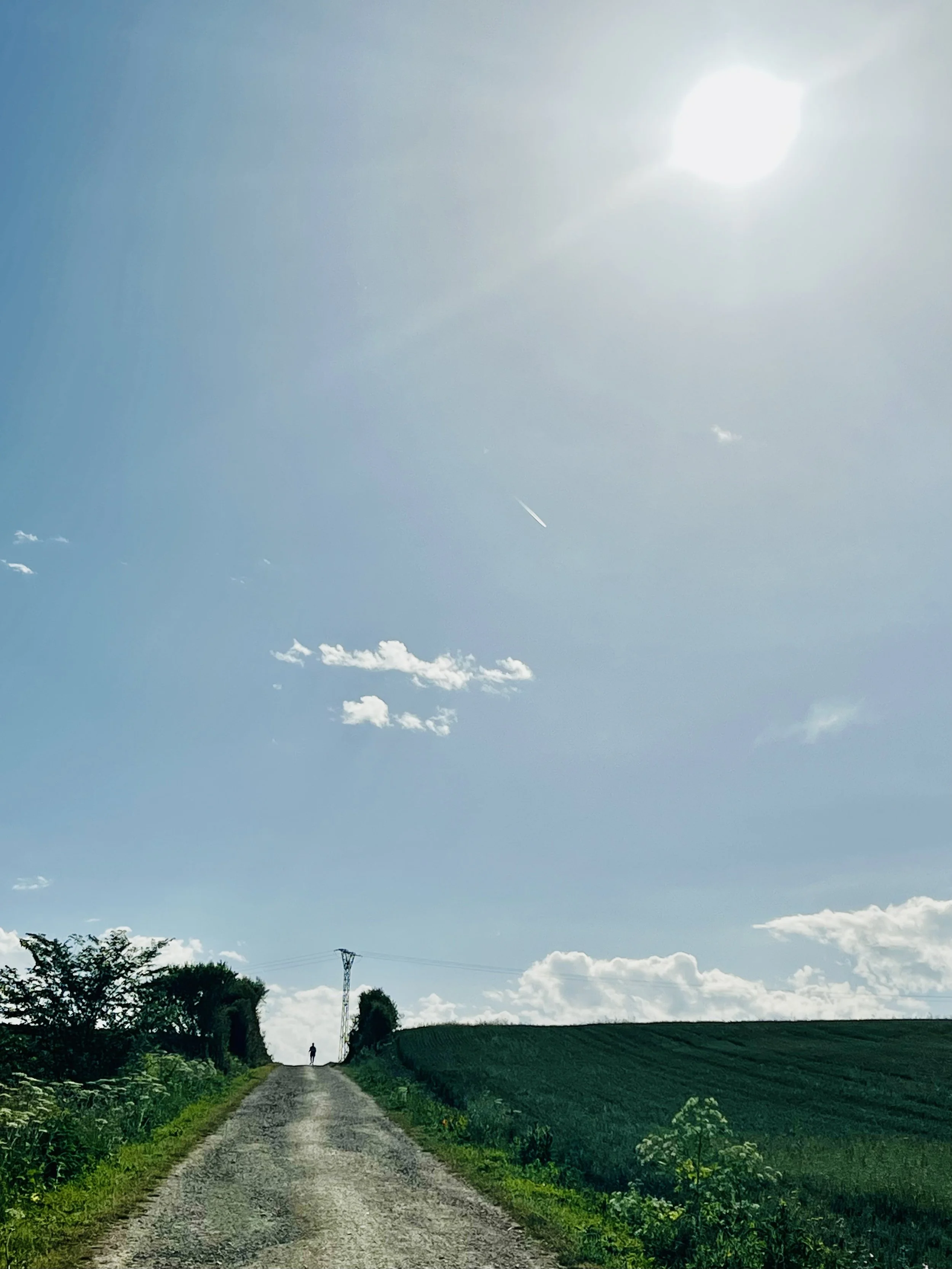 A rural dirt road running through green fields, with trees and a person walking in the distance, under a bright blue sky with clouds and the sun.