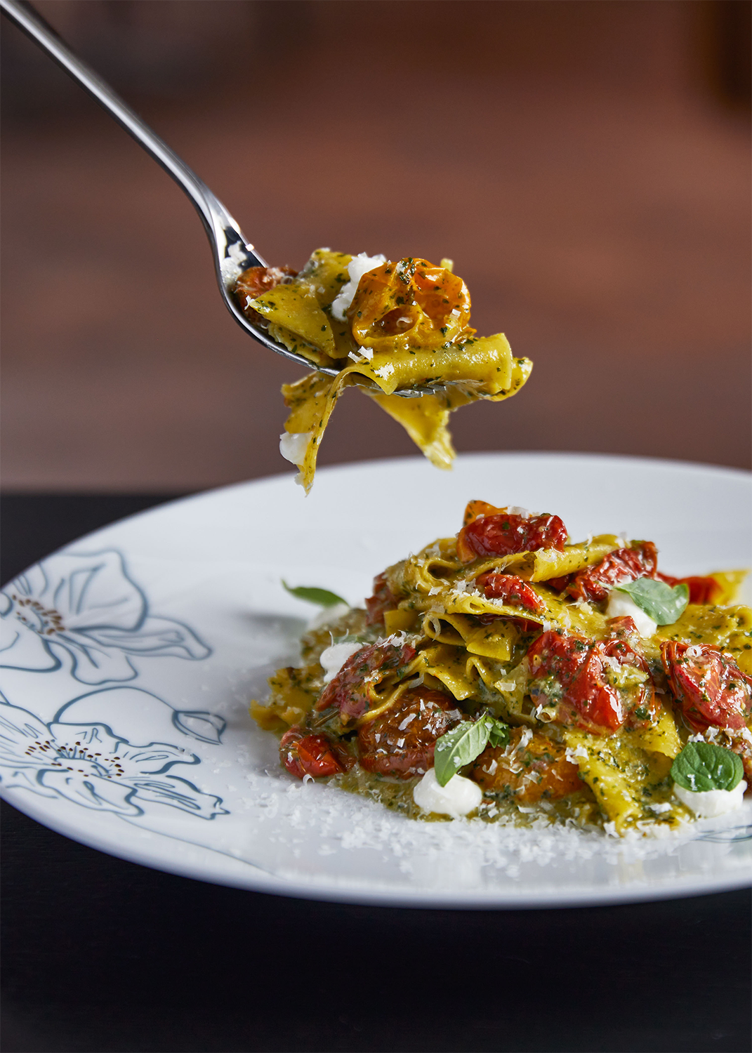 Handkerchief pasta with fresh mozzarella, tomatoes, and herbs.