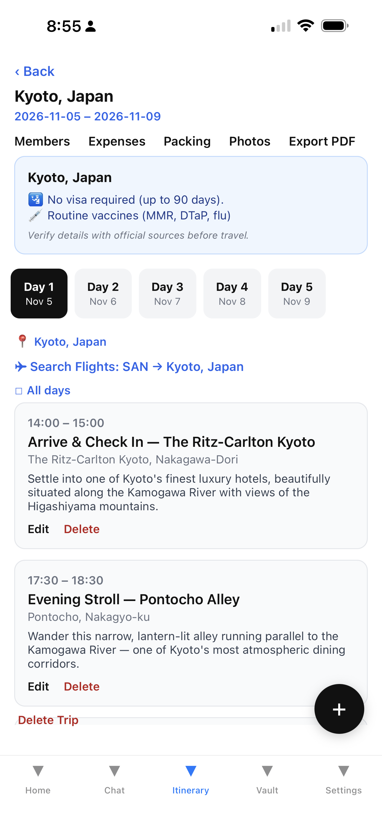 Mobile app screen showing an itinerary for a trip to Kyoto, Japan, from November 5 to November 9, 2026, with flight, hotel check-in, and evening stroll activities listed.