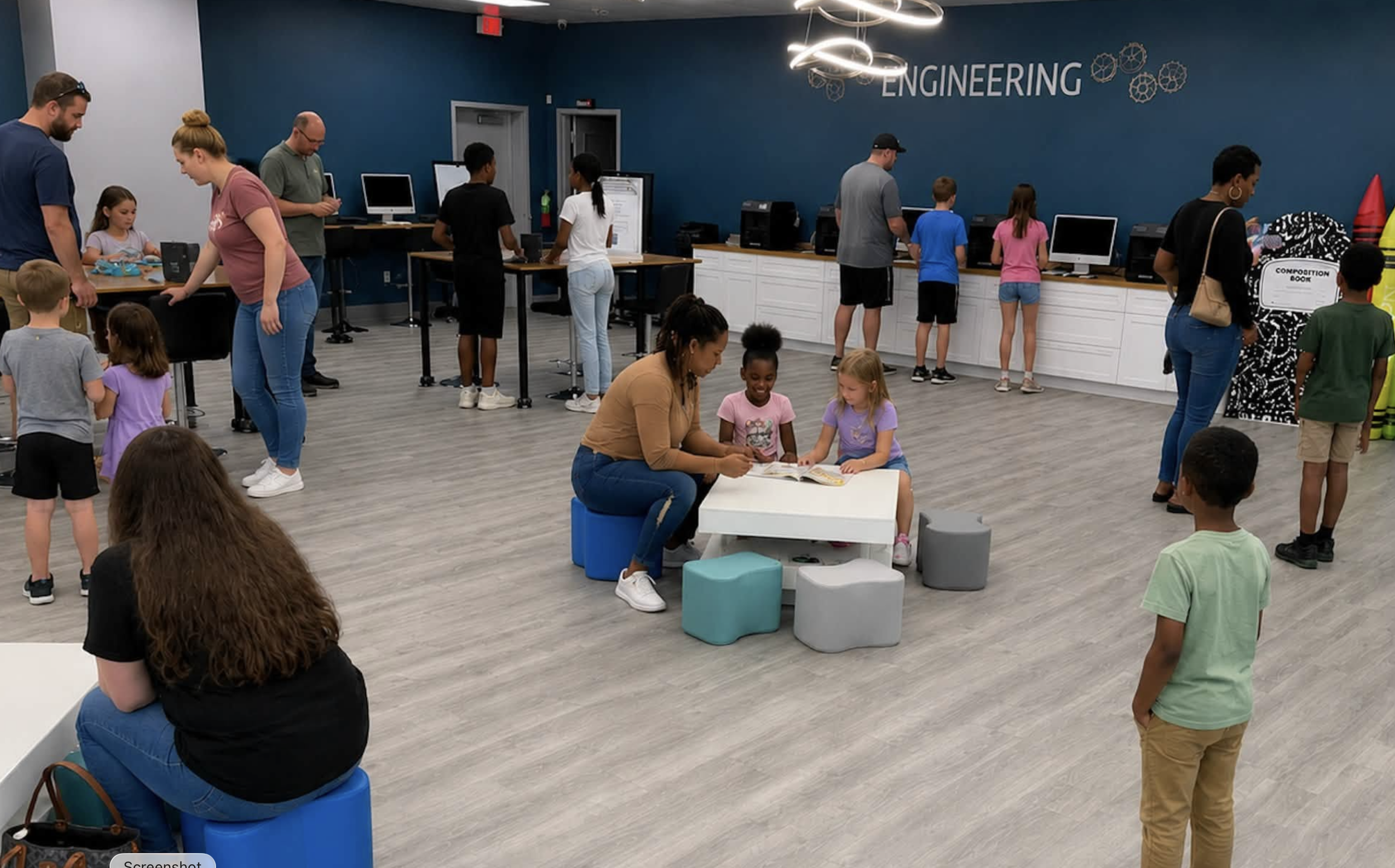 Children and adults gathered in a modern engineering classroom with computers and a book-reading area, engaging in activities and conversations.