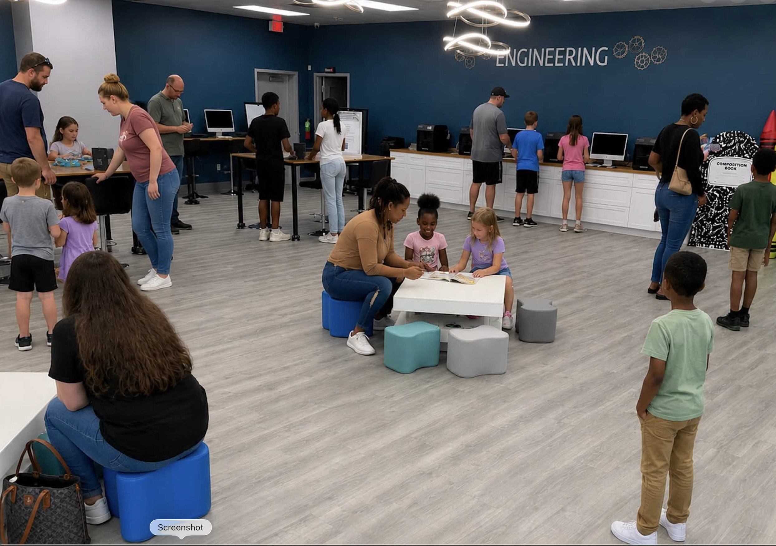Students and children engaging in activities at a tech and engineering workshop or classroom, with various computers, tables, and a blue wall that says 'ENGINEERING'.