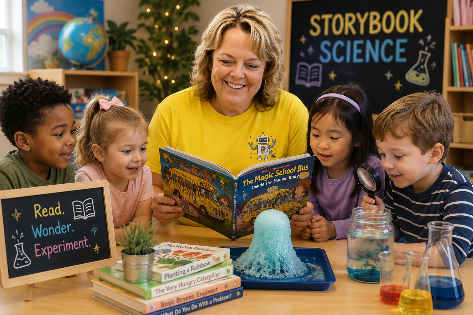 A teacher reading a science book titled "The Magic School Bus Inside the Human Body" to a group of four children in a classroom with science-related decorations, books, and a foam volcano experiment on the table.