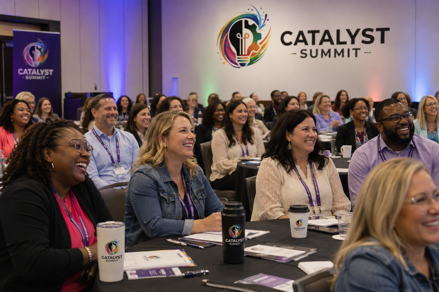 A diverse group of people attending the Catalyst Summit, sitting at tables, smiling and listening to a speaker in a conference room with a large Catalyst Summit logo on the wall.