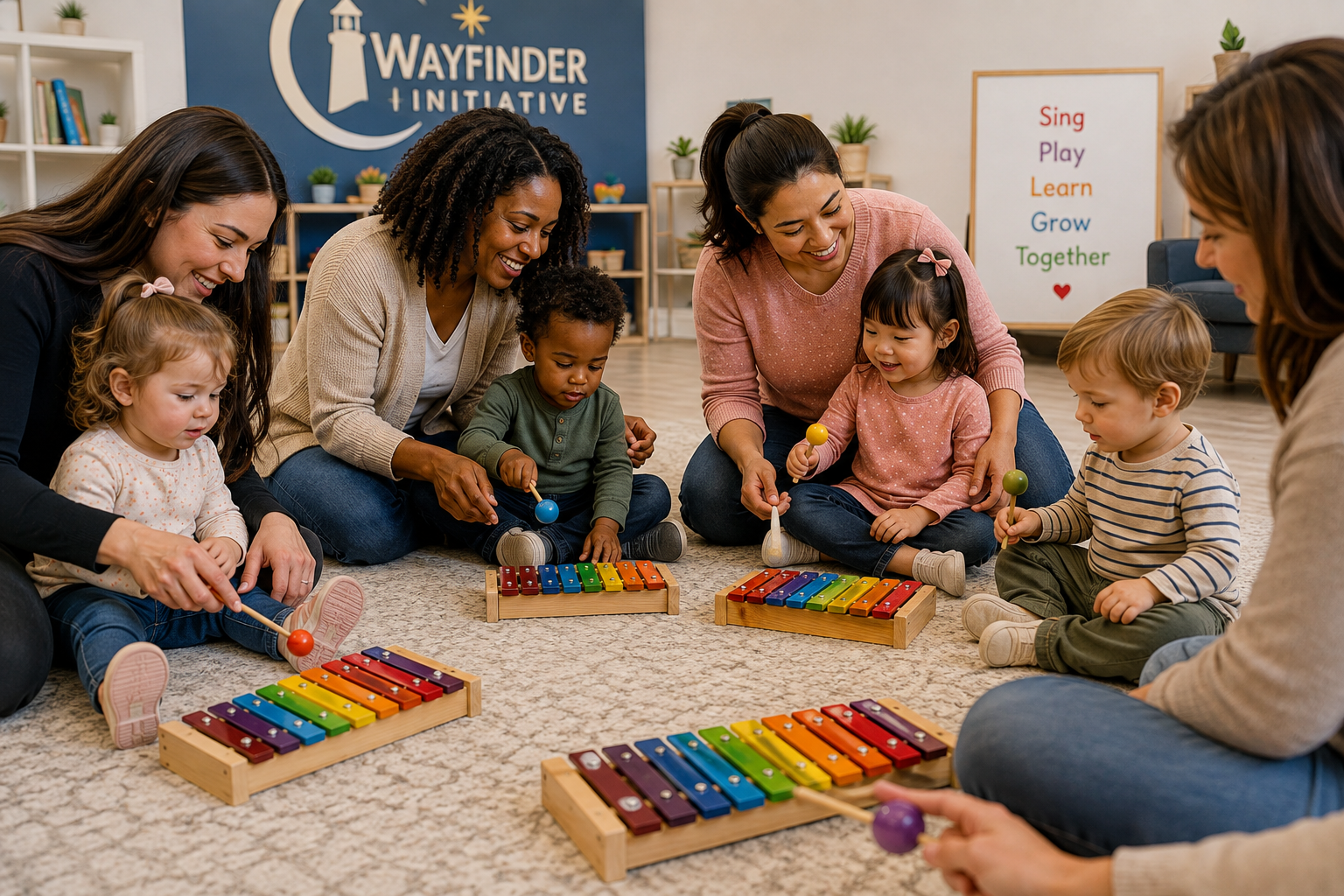 A diverse group of children and adults sitting on the carpet playing with colorful xylophones in a classroom decorated with a WAYFINDER INITIATIVE sign and a whiteboard with colorful words: Sing, Play, Learn, Grow, Together.