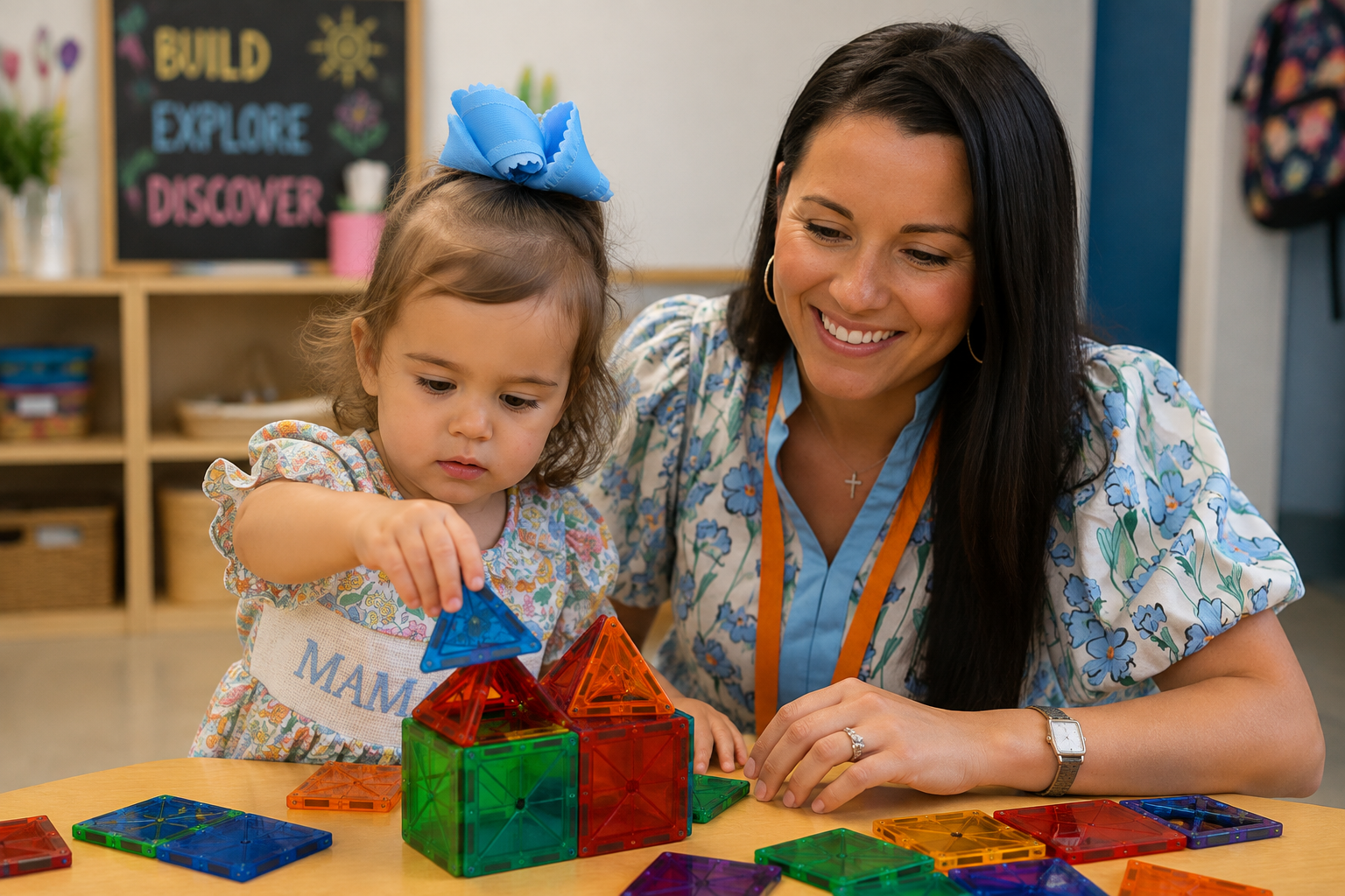 A young girl and a woman are playing with colorful magnetic building blocks at a table in a classroom or playroom setting.