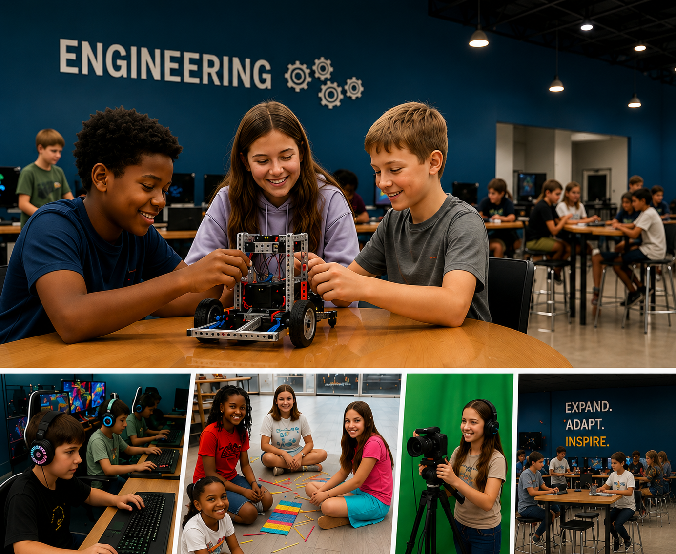 Group of children engaged in engineering activities in a classroom, building a robot, playing video games, working on a computer, doing craft activities, and recording with professional camera.