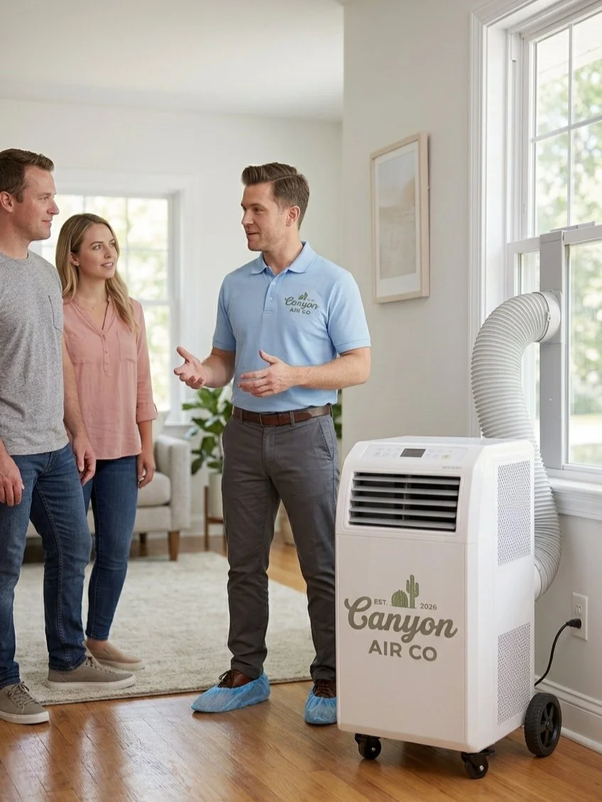 A technician demonstrating air conditioning unit to a man and woman in a living room.