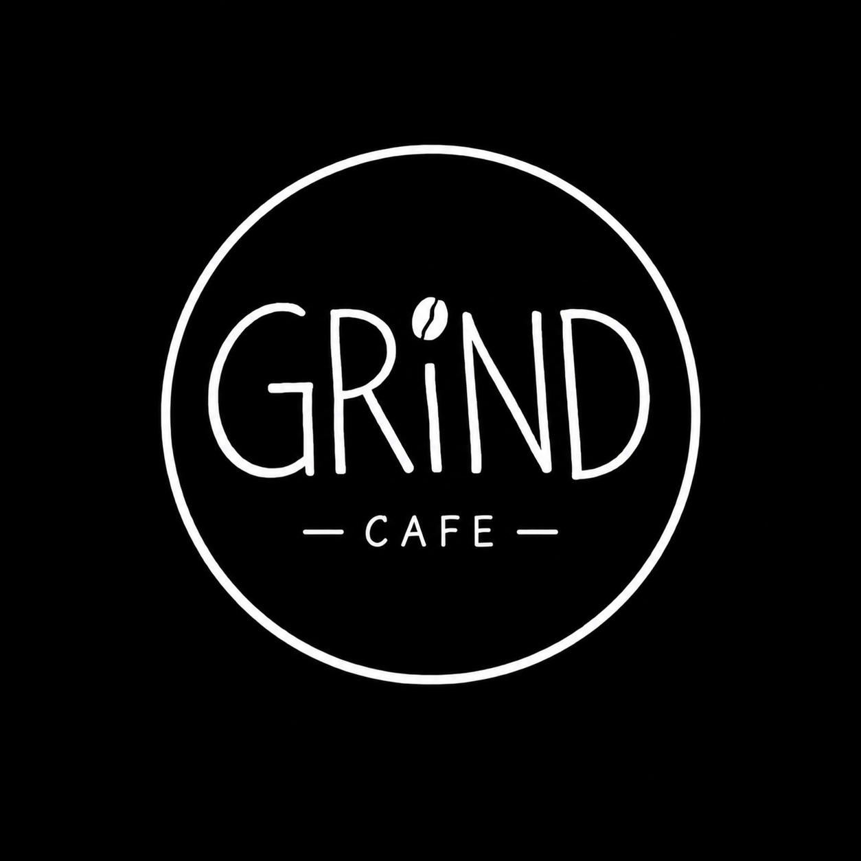 Black background with white circular logo that says 'GRIND CAFE' with a coffee bean dotting the 'I' in 'GRIND'.